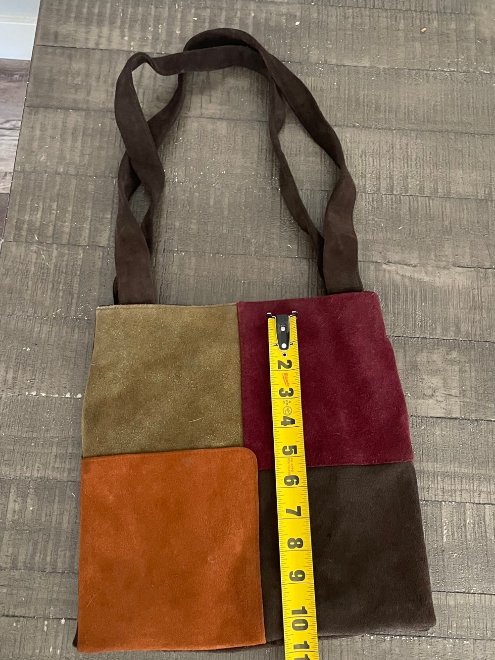 Y2K colorful Suede patchwork Leather Tote shoulder bag. Color block Classic tote - Picture 9 of 10